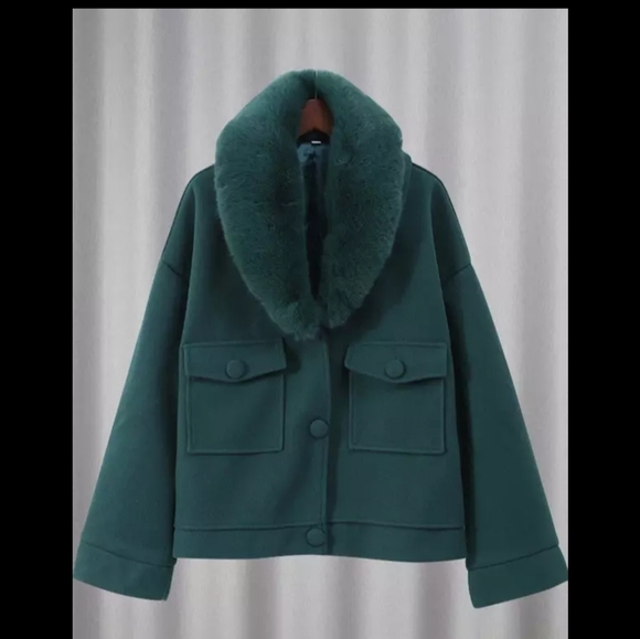 Green Autumn Winter Bomber Jacket For Women Vintage Faux Fur - Picture 7 of 8